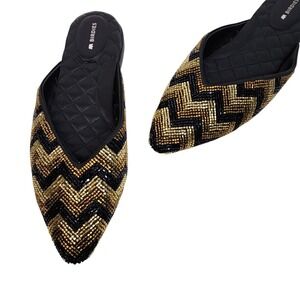 BIRDIES Shoes‎ Womens Size 7.5 Black Gold Beaded Chevron Mule Flat Slip On